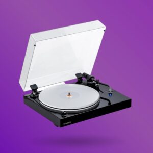 an image showing Fluance RT85 piano black turntable