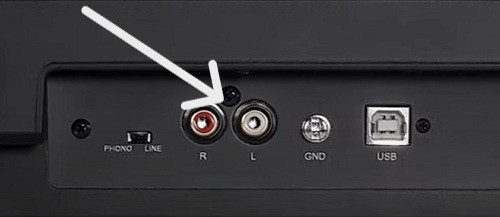 an image showing the stereo output terminals behind turntable